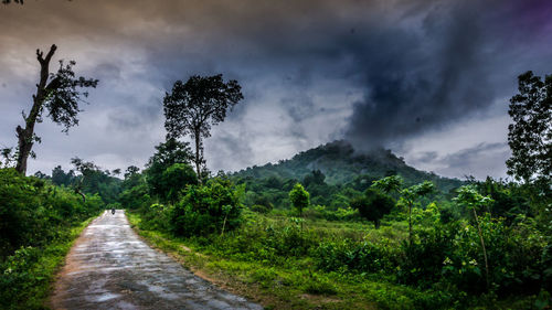 Road amidst trees in forest against dramatic sky