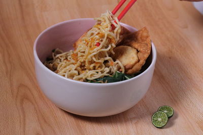 High angle view of food in bowl on table