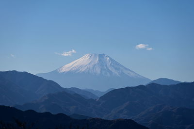 Scenic view of snowcapped mt. fuji through mountains against clear sky