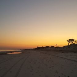 Scenic view of beach against clear sky during sunset
