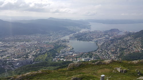 Aerial view of residential district against sky