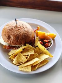 High angle view of breakfast in plate on table