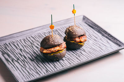 Close-up of burger on table