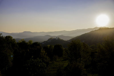 Scenic view of landscape against clear sky during sunset