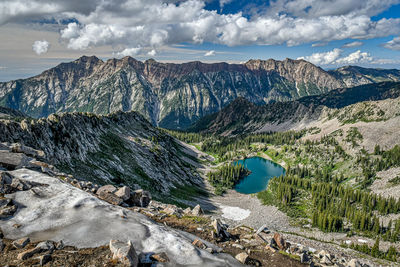 Panoramic view of sea and mountains against sky