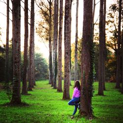 Side view of woman leaning on tree trunk in forest during sunset