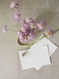 High angle view of purple flower vase on table