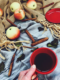 High angle view of coffee cup on table