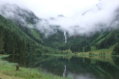 Scenic view of lake by trees against sky