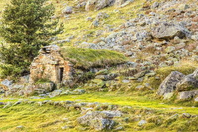 Stone wall by rocks on land