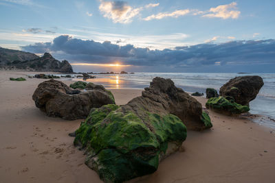 Rocks on beach against sky during sunset