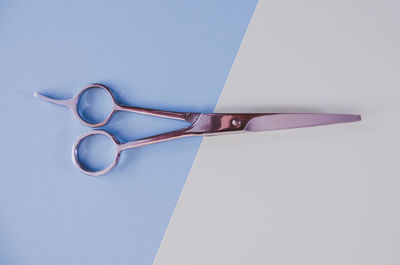 Directly above shot of scissors over colored background