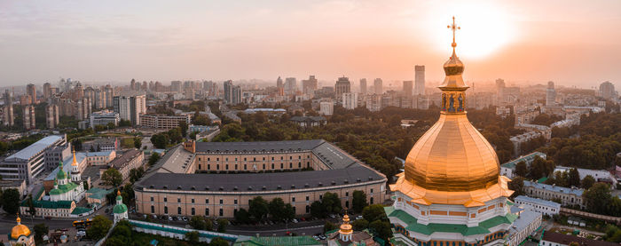 Magical aerial view of the kiev pechersk lavra near the motherland monument.