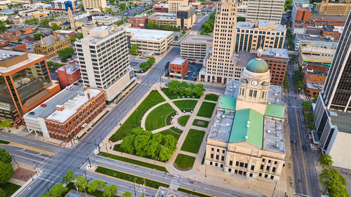 High angle view of buildings in city