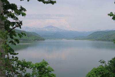 Scenic view of lake and mountains against sky