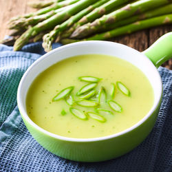 High angle view of soup in bowl on table