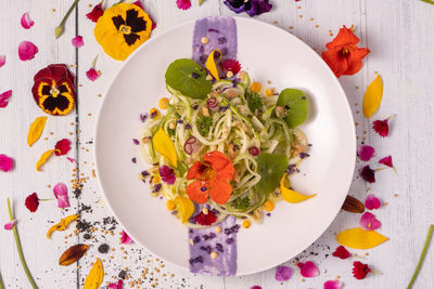 High angle view of salad in plate on table