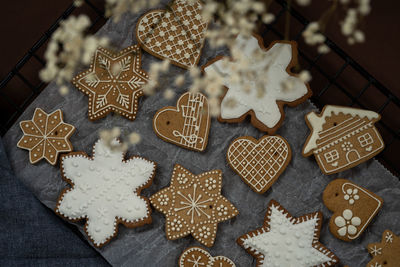 High angle view of cookies on christmas tree