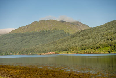 Scenic view of lake and mountains against sky