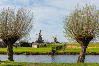 Statue by lake against sky