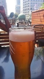 Close-up of beer glass on table