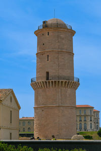 Low angle view of building against clear blue sky