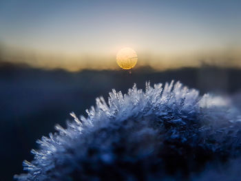 Close-up of frozen water against sky during sunset