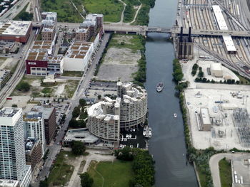 High angle view of modern buildings and canal