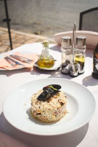 Close-up of breakfast served on table