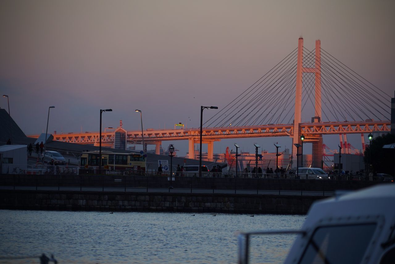 transportation, sky, built structure, architecture, sunset, bridge - man made structure, building exterior, city, outdoors, no people, day