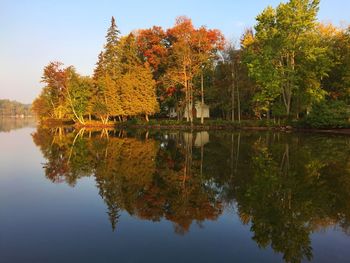 Reflection of trees in lake against sky during autumn