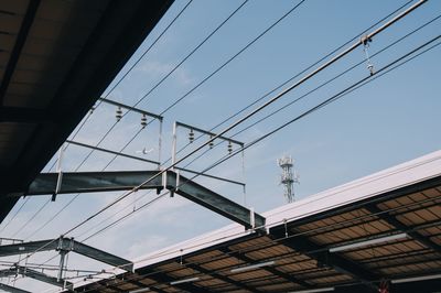 Low angle view of cables against sky at railroad station