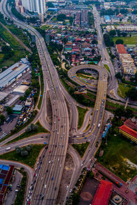 High angle view of light trails on road in city