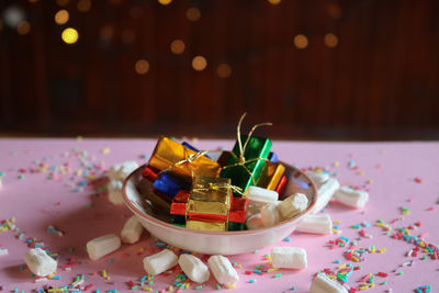 Close-up of christmas decorations on table