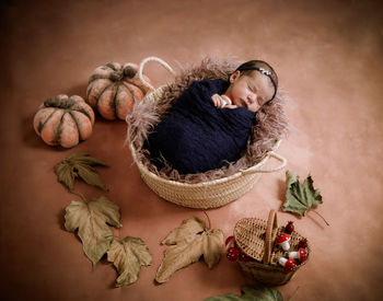 High angle view of girl sleeping in basket