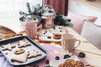 High angle view of breakfast served on table