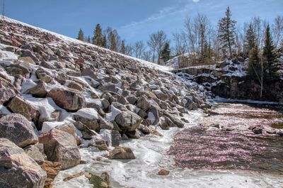 Surface level of rocks on land against sky