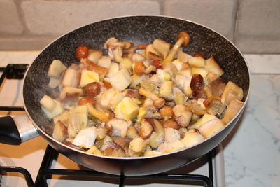 High angle view of meat in cooking pan