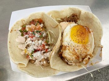 High angle view of breakfast served in plate