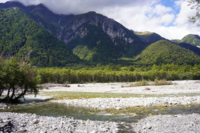 Scenic view of lake and mountains against sky