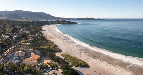 High angle view of beach against clear sky