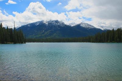 Scenic view of lake and snowcapped mountains against sky