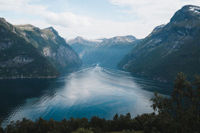 Scenic view of lake and mountains against sky