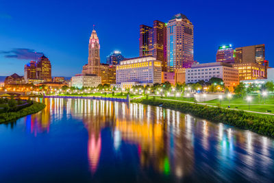 Reflection of illuminated buildings in city at night