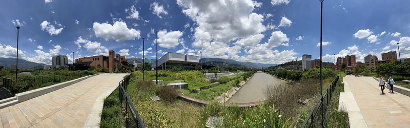 Panoramic view of buildings in city against sky