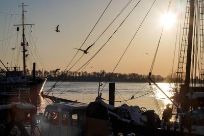 Sailboats moored on harbor against clear sky during sunset