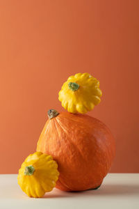 Still life of a balance of pumpkins and patisson on an orange background. 