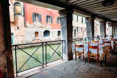 Empty chairs and tables in building