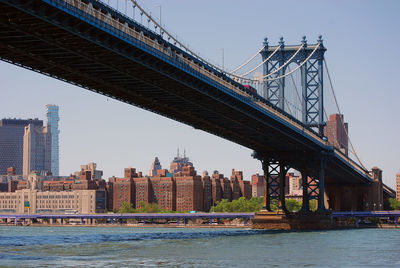 Bridge over river with buildings in background