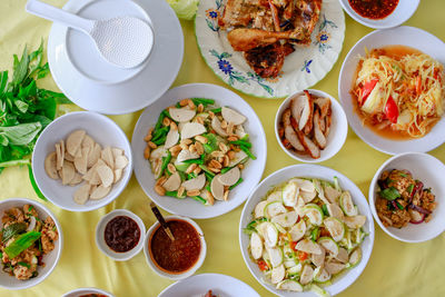 High angle view of food served on table